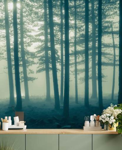 donkere bosbehangmuurschildering genaamd Foggy Forest voor slaapkamers, kantoren en meer