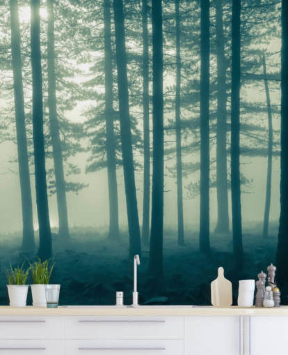 mörk skog tapetväggmålning kallad Foggy Forest för sovrum, kontor och mer