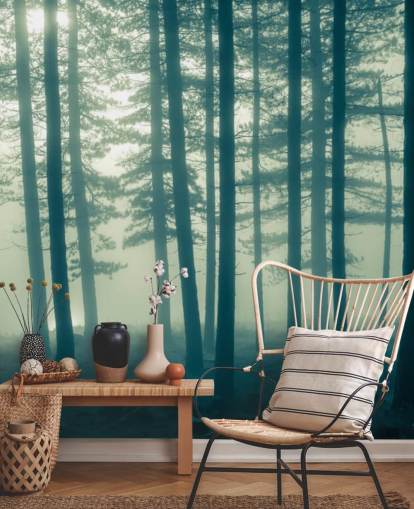 mural de papel de parede de floresta escura chamado Foggy Forest para quartos, escritórios e muito mais