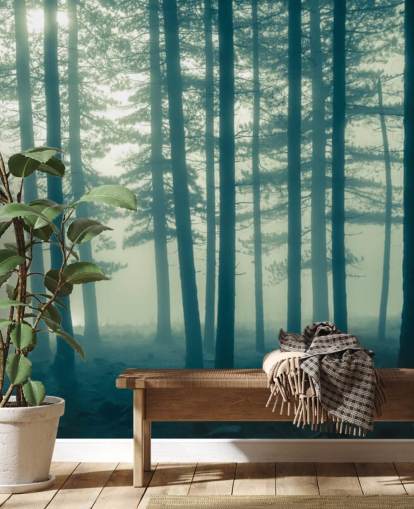 mural de papel pintado de bosque oscuro llamado Foggy Forest para dormitorios, oficinas y más mural de papel pintado de bosque oscuro llamado Foggy Forest para dormitorios, oficinas y más