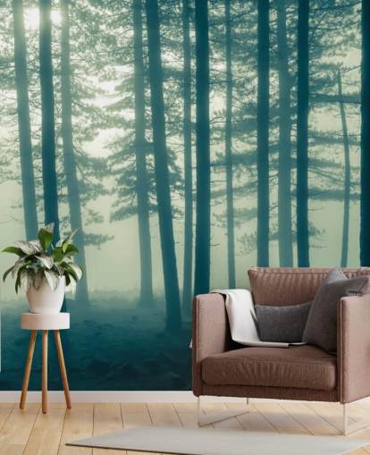 mural de papel pintado de bosque oscuro llamado Foggy Forest para dormitorios, oficinas y más