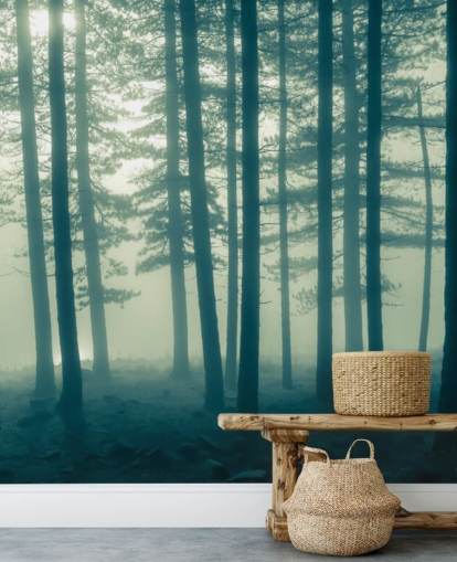 tumman metsän taustakuvamaalaus nimeltä Foggy Forest makuuhuoneisiin, toimistoihin ja muuhun