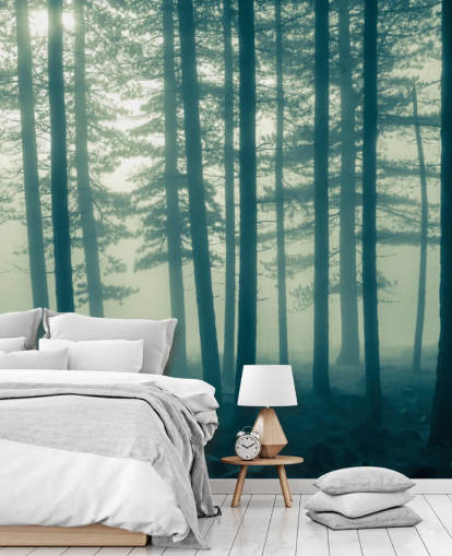 mural de papel pintado de bosque oscuro llamado Foggy Forest para dormitorios, oficinas y más