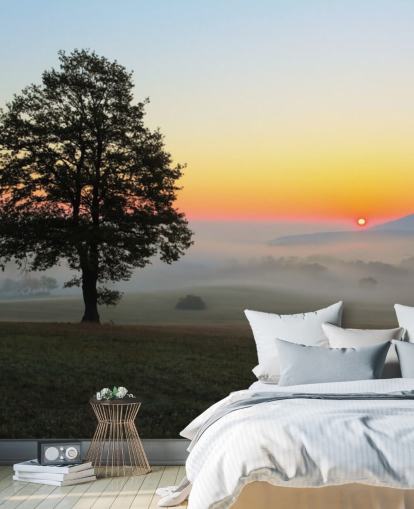 Sunset and Tree in Field Wall Mural