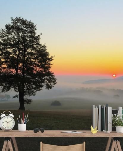 Decorazione murale con tramonto e albero nel campo Decorazione murale con tramonto e albero nel campo
