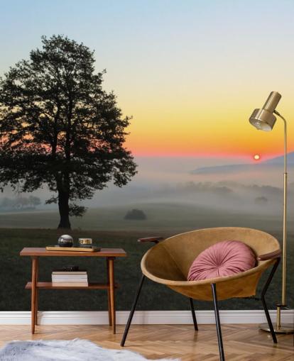 Solnedgang og træ i Field Wall Mural