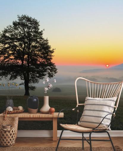 Mural de pared Atardecer y árbol en campo