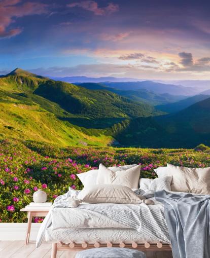 mural de papel pintado de montaña verde y morado llamado Lush Green Mountains para dormitorios, salas de estar y oficinas en casa