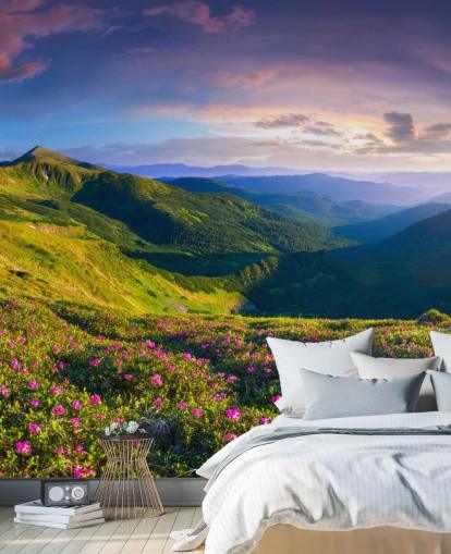 grön och lila berg tapet väggmålning kallad Lush Green Mountains för sovrum, vardagsrum och hemmakontor grön och lila berg tapet väggmålning kallad Lush Green Mountains för sovrum, vardagsrum och hemmakontor