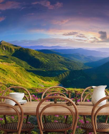 grøn og lilla bjergtapet vægmaleri kaldet Lush Green Mountains til soveværelser, stuer og hjemmekontorer