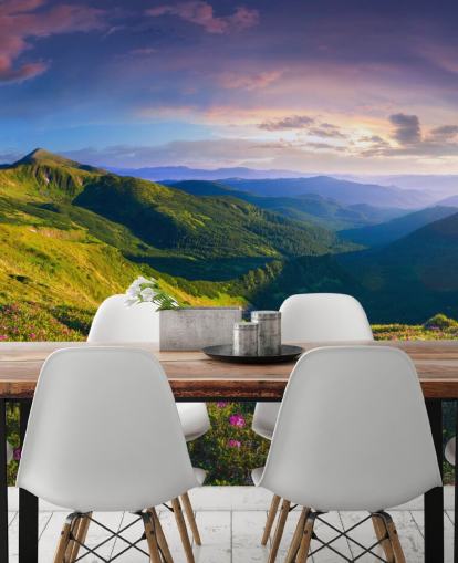 mural de papel pintado de montaña verde y morado llamado Lush Green Mountains para dormitorios, salas de estar y oficinas en casa