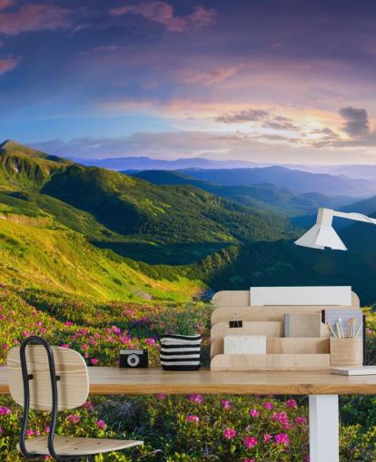 green and purple mountain wallpaper mural called Lush Green Mountains for bedrooms, living rooms and home offices