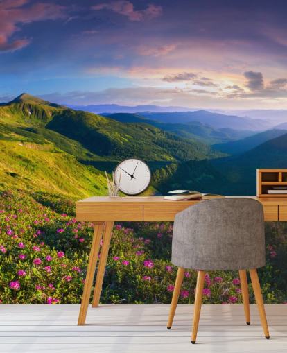 grøn og lilla bjergtapet vægmaleri kaldet Lush Green Mountains til soveværelser, stuer og hjemmekontorer