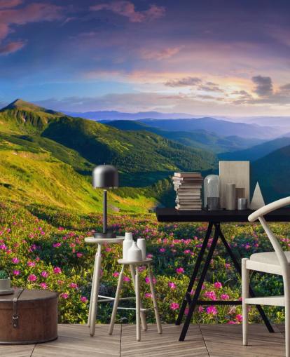 green and purple mountain wallpaper mural called Lush Green Mountains for bedrooms, living rooms and home offices