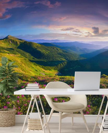 green and purple mountain wallpaper mural called Lush Green Mountains for bedrooms, living rooms and home offices