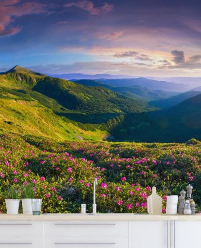 green and purple mountain wallpaper mural called Lush Green Mountains for bedrooms, living rooms and home offices