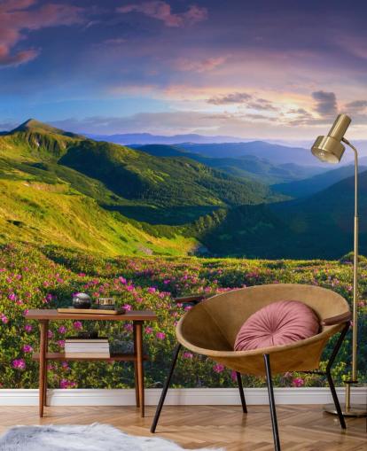 green and purple mountain wallpaper mural called Lush Green Mountains for bedrooms, living rooms and home offices