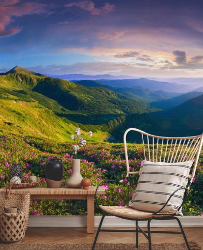 green and purple mountain wallpaper mural called Lush Green Mountains for bedrooms, living rooms and home offices