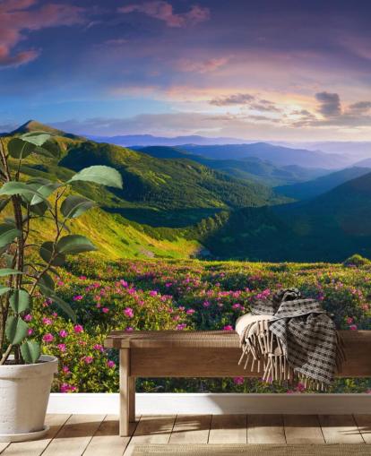 grønt og lilla fjelltapet veggmaleri kalt Lush Green Mountains for soverom, stuer og hjemmekontorer grønt og lilla fjelltapet veggmaleri kalt Lush Green Mountains for soverom, stuer og hjemmekontorer