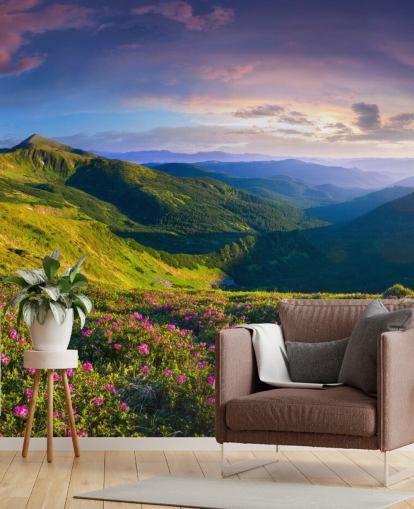 carta da parati murale con montagne verdi e viola chiamata Lush Green Mountains per camere da letto, salotti e uffici domestici carta da parati murale con montagne verdi e viola chiamata Lush Green Mountains per camere da letto, salotti e uffici domestici
