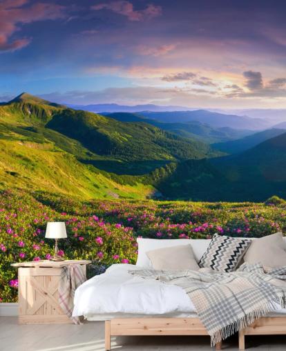 green and purple mountain wallpaper mural called Lush Green Mountains for bedrooms, living rooms and home offices