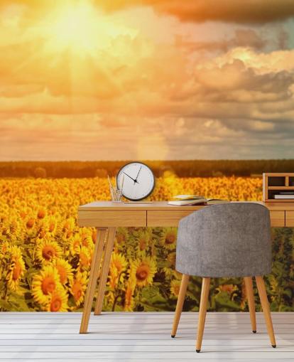 Decorazione murale con girasoli in un campo all'alba