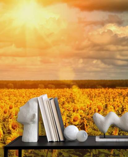 Decorazione murale con girasoli in un campo all'alba