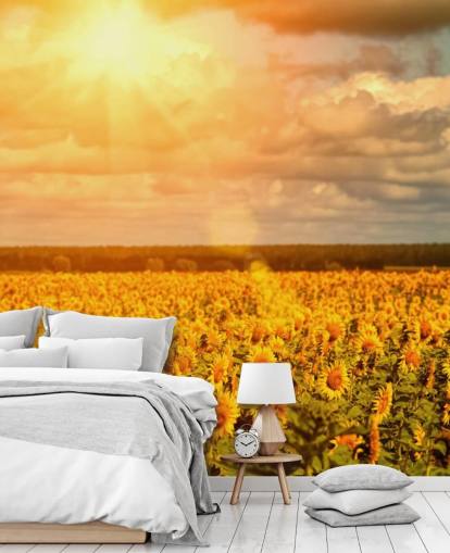 Decorazione murale con girasoli in un campo all'alba