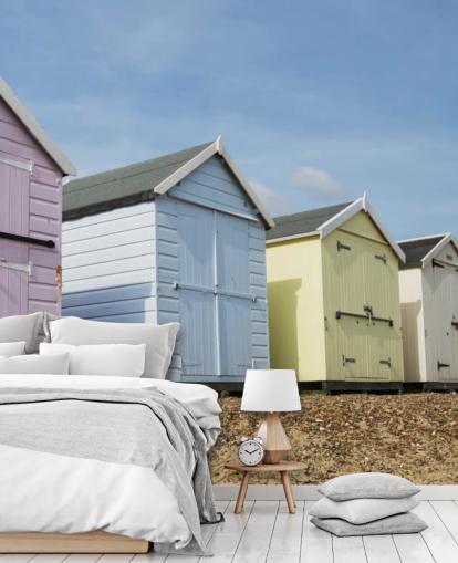 Pastelkleurige strandhutten behang