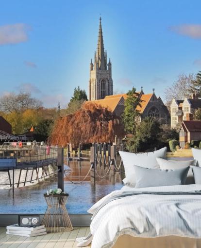 River by Quaint Village Wall Mural