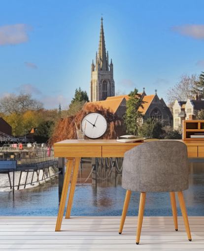 River by Quaint Village Wall Mural