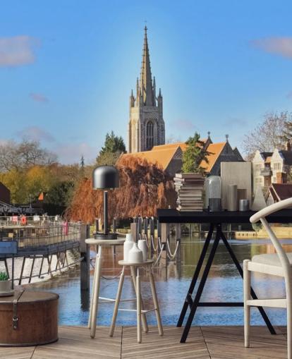 River by Quaint Village Wall Mural