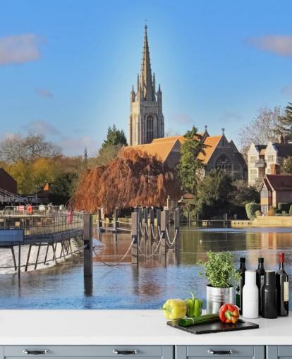 Fluss von Quaint Village Wandgemälde