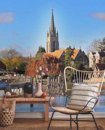 River by Quaint Village Wall Mural