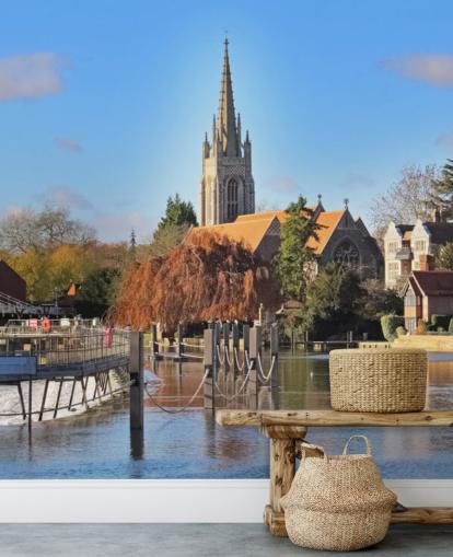 River by Quaint Village Wall Mural