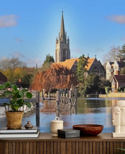 River by Quaint Village Wall Mural