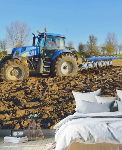 Blue Tractor Plowing Wall Mural Blue Tractor Plowing Wall Mural