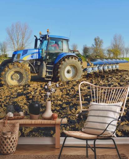 Blauwe tractor ploegen muurschildering Blauwe tractor ploegen muurschildering