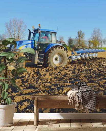 Blauer Traktor pflügend Wandgemälde Blauer Traktor pflügend Wandgemälde