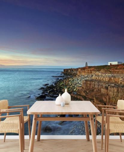 Farol vermelho e branco em Cliff by the Sea Wall Mural