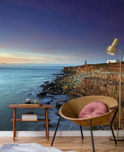 Farol vermelho e branco em Cliff by the Sea Wall Mural