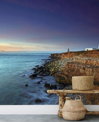 Red and White Lighthouse on Cliff by the Sea Wall Mural
