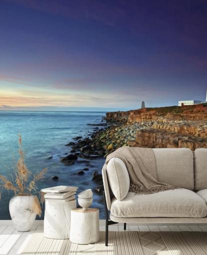 Farol vermelho e branco em Cliff by the Sea Wall Mural