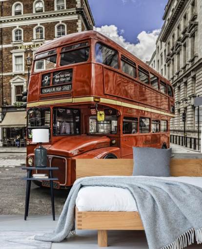Vintage Red London Double Decker Bus in Street Wallpaper