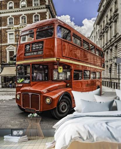 Vintage Red London Double Decker Bus in Street Wallpaper