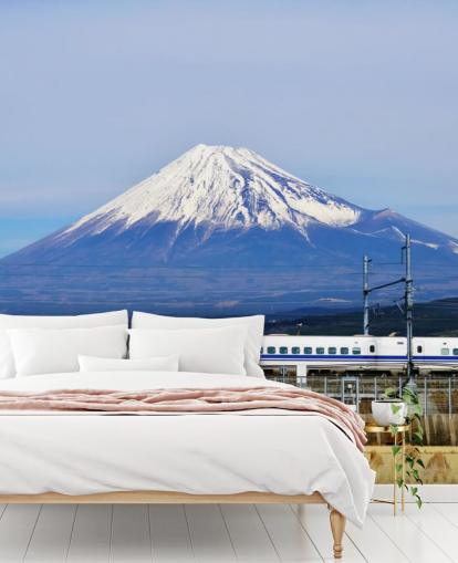 Monte Fuji coberto de neve e papel de parede de trem