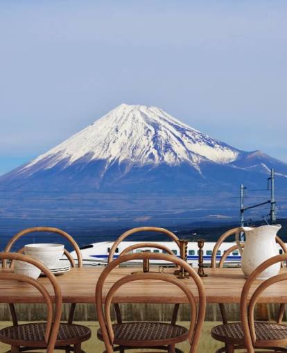 Carta da parati innevata con Monte Fuji e treno Carta da parati innevata con Monte Fuji e treno