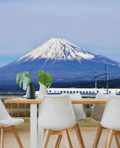 Fondo de pantalla nevado del monte Fuji y el tren