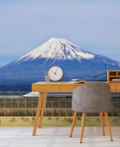 Fondo de pantalla nevado del monte Fuji y el tren
