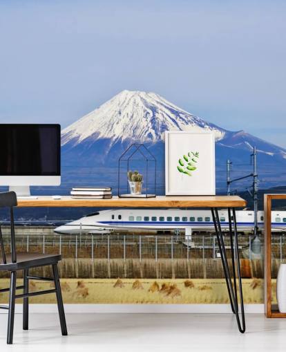 Fondo de pantalla nevado del monte Fuji y el tren